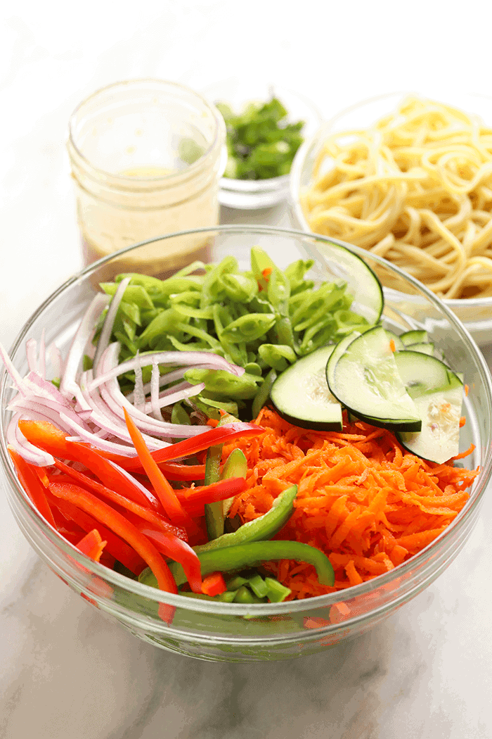 asian noodle salad ingredients in a bowl