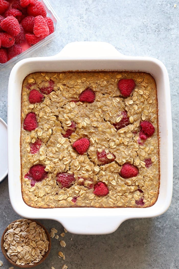 Banana berry baked oatmeal in a pan