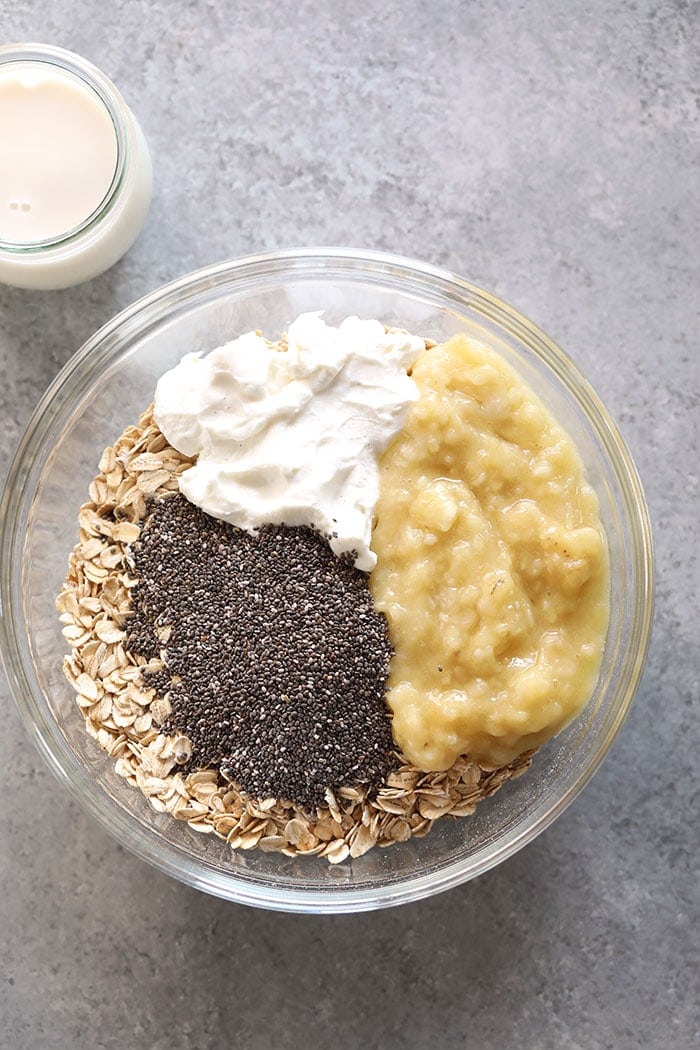 creamy banana overnight oats ingredients in a bowl