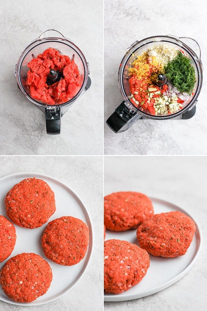 Meet the burgers of your dreams! These Lemon Dill Salmon Burgers are savory delicious and packed with healthy omega 3s. Jazz up a weeknight dinner or wow your dinner guests tonight. Enjoy! salmon burgers prepped in a food processor