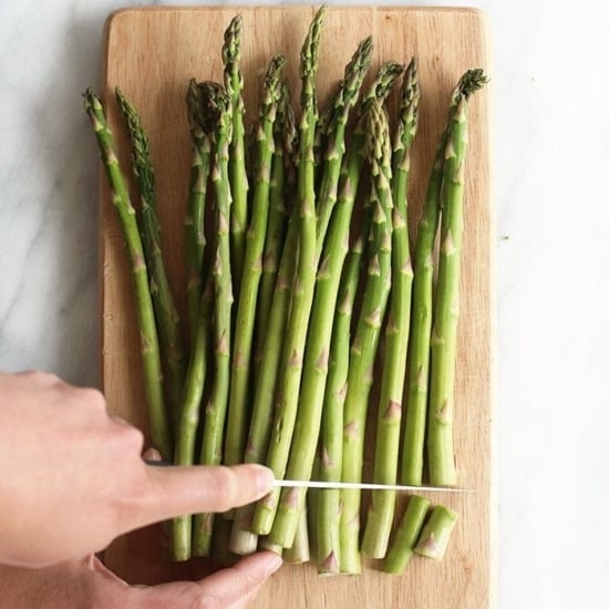 slicing asparagus.