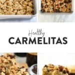 Healthy carmelita bar recipe on a cutting board.
