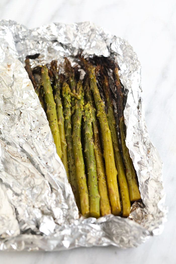 grilled asparagus in foil pack.