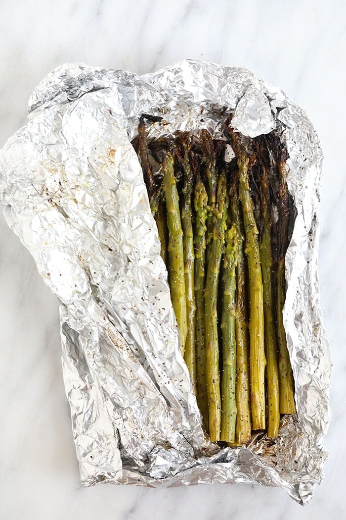 grilled asparagus in foil.