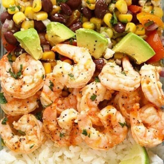 Grilled Mexican shrimp and rice meal prep bowls.