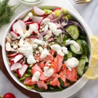 Salmon salad served in a white bowl with radishes.