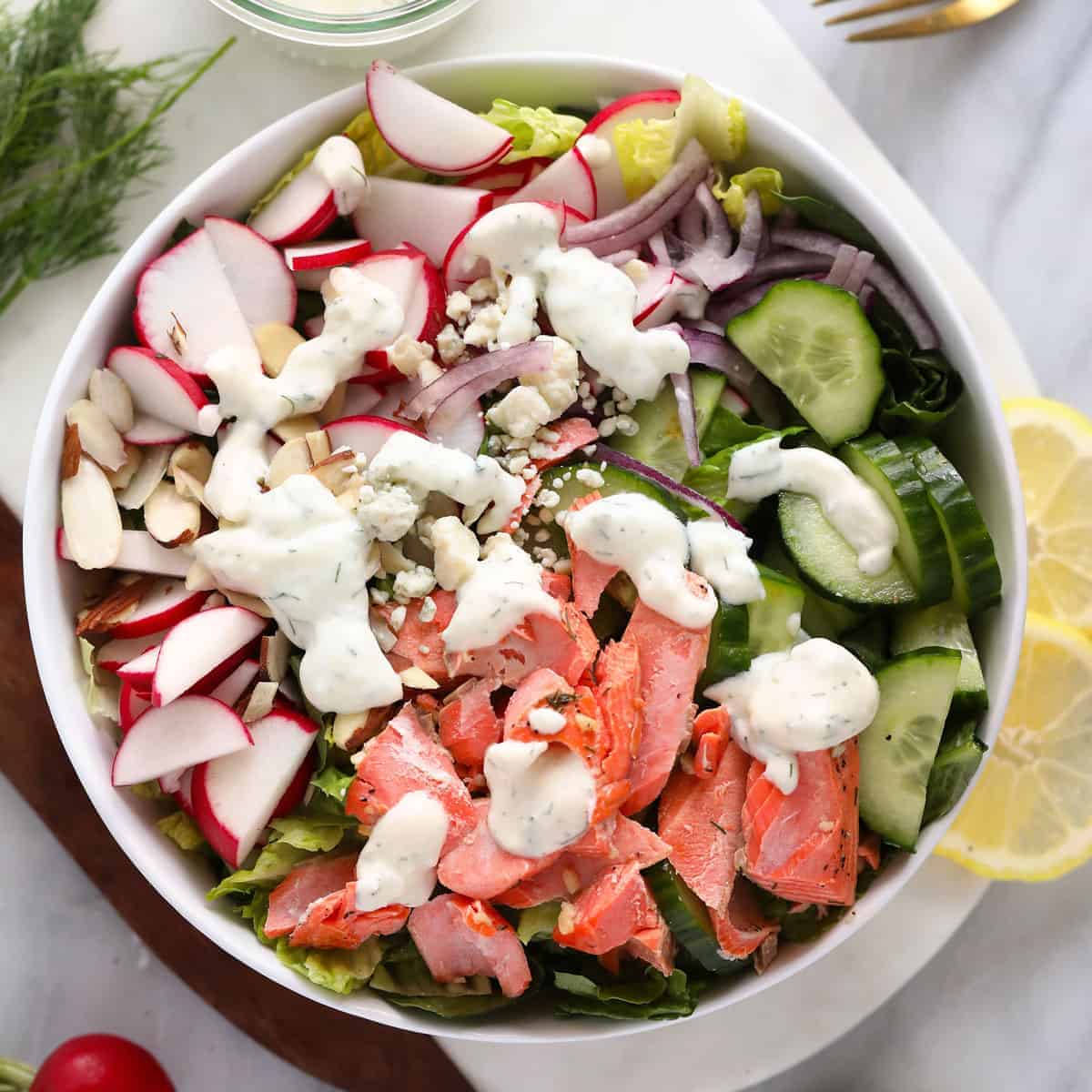 Fresh Salmon Salad with Greek Yogurt Dressing - Fit Foodie Finds