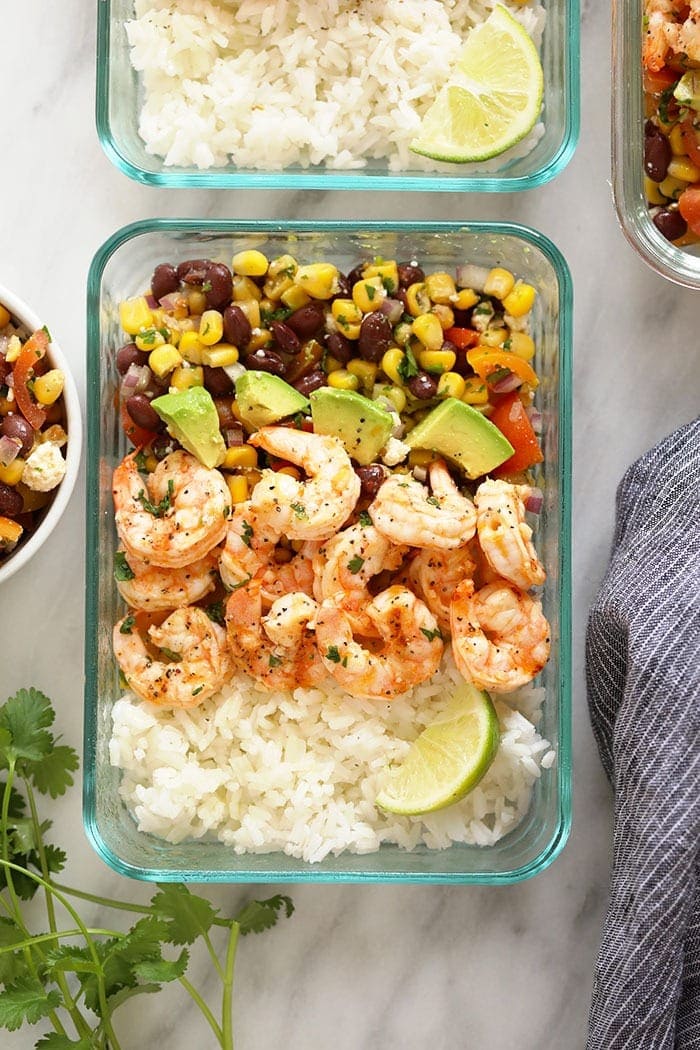 Grilled shrimp meal prep bowl.