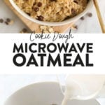 Microwave oatmeal is being poured into a bowl.