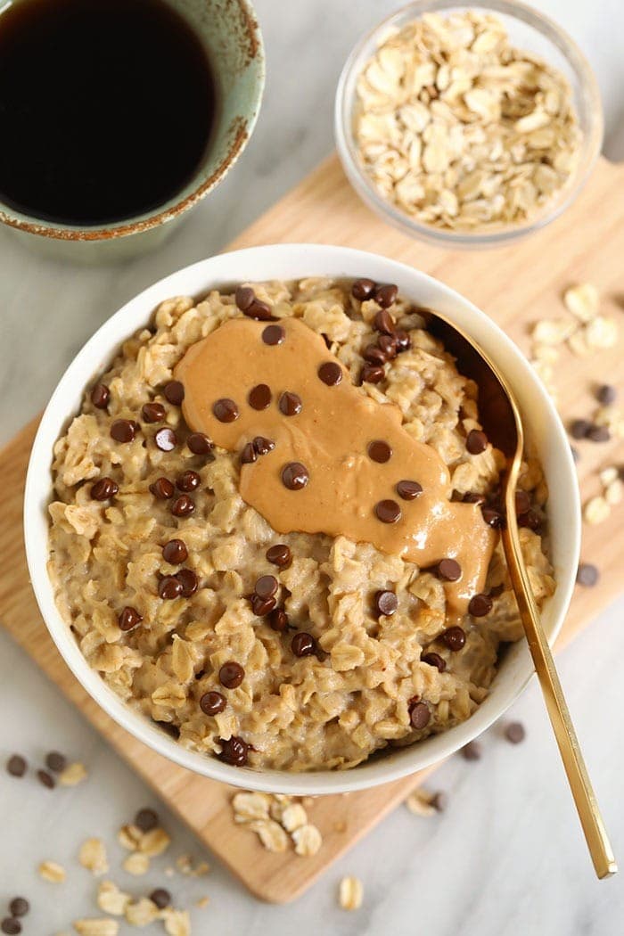 bowl of oatmeal with cashew butter and chocolate chips