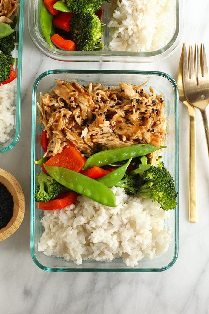 teriyaki chicken and veggies in meal prep container