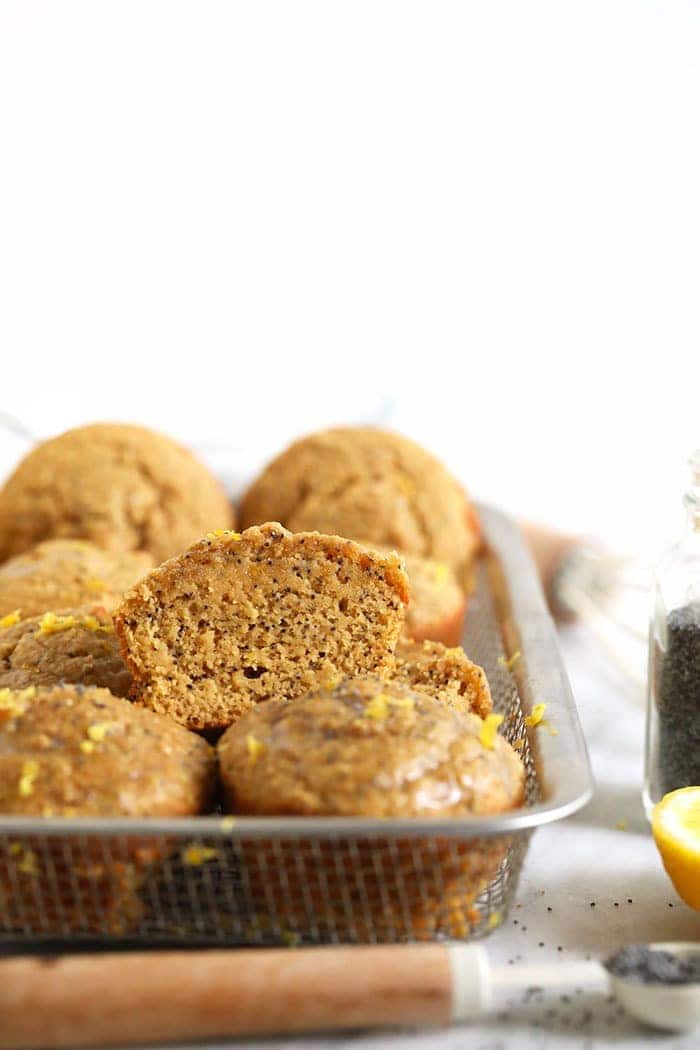 a lemon poppy seed muffin cut in half