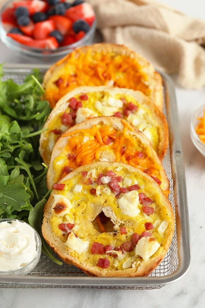 bagel ham and cheese quiche in a basket