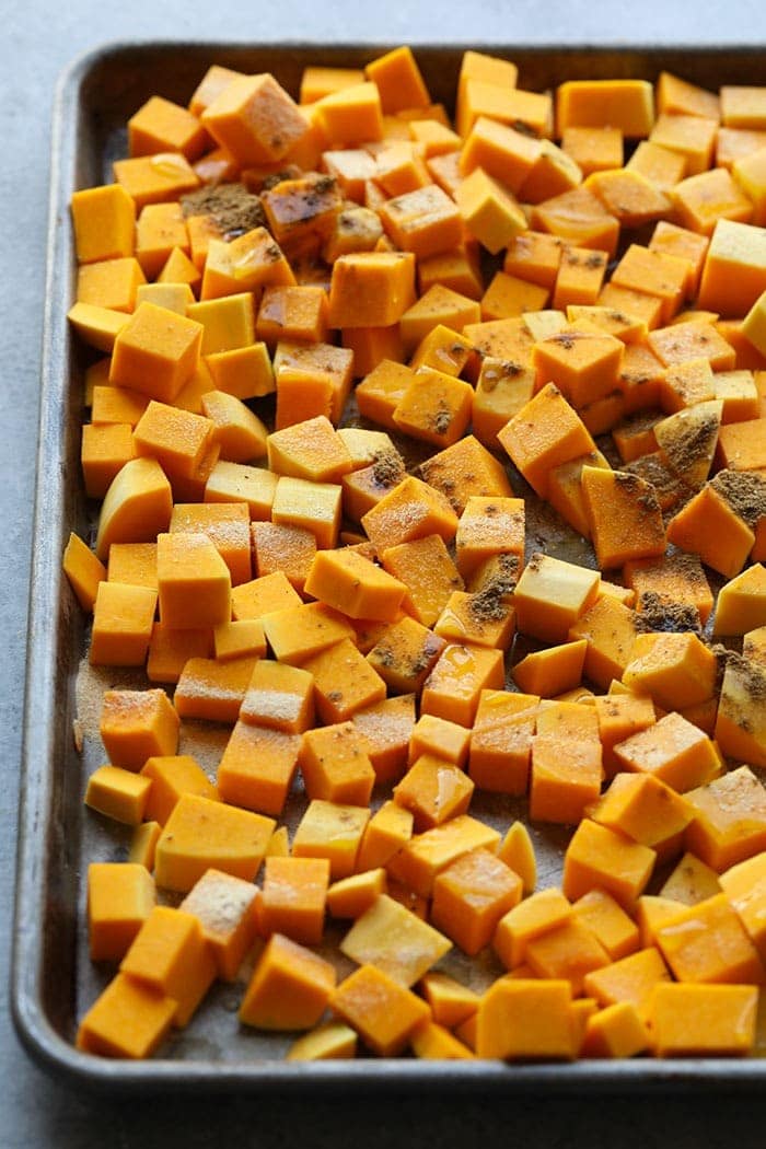 Butternut squash cubed and ready to be roasted.