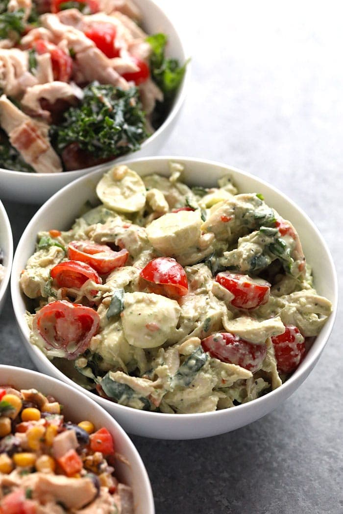 Pesto chicken salad in a bowl