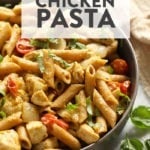 Pesto chicken pasta ready to eat in a bowl