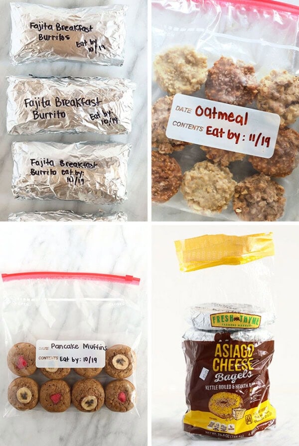 A series of make ahead breakfast recipes showcasing different types of cookies in plastic bags.