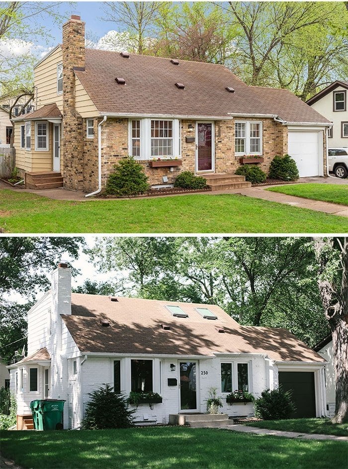 white painted brick house before and after