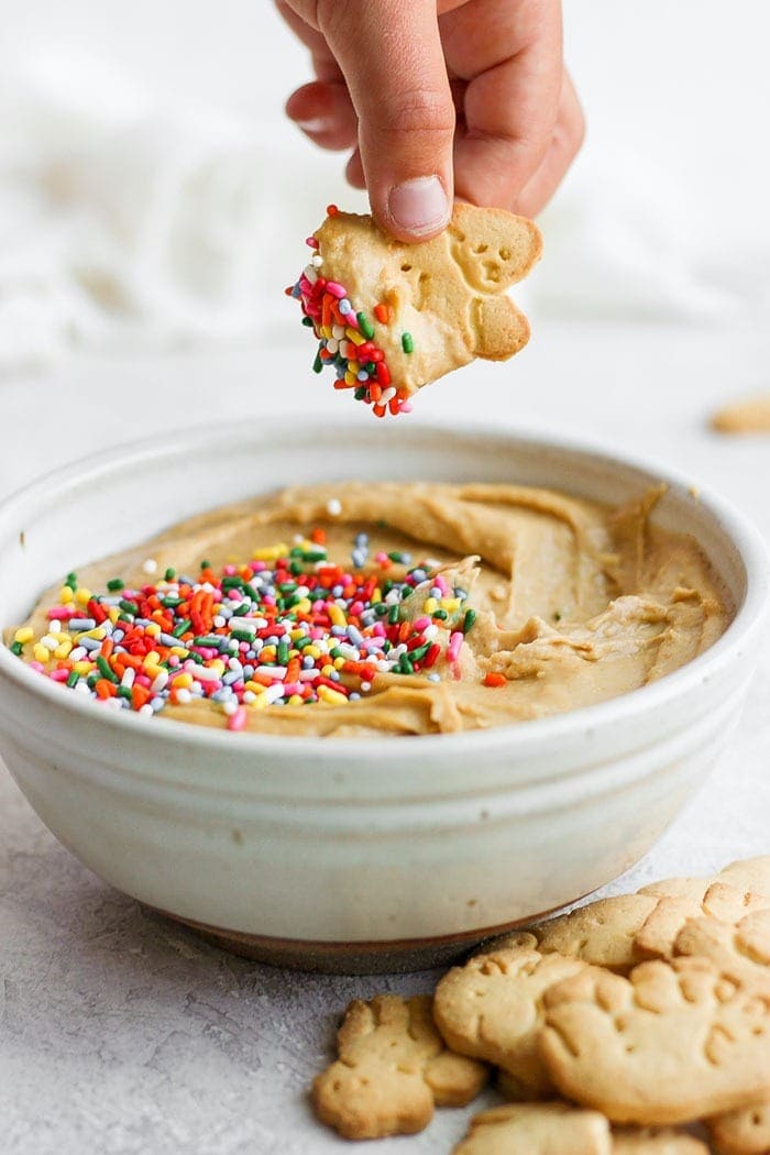 Dipping an animal cracker into cake batter dip