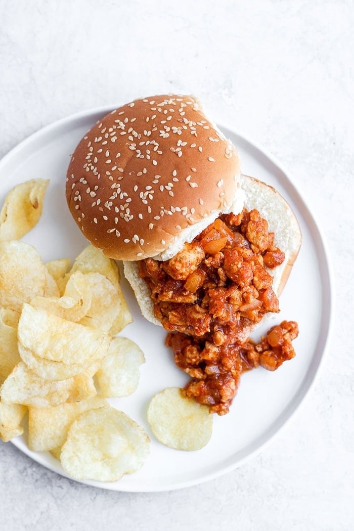 healthy sloppy joe on a bun with chips