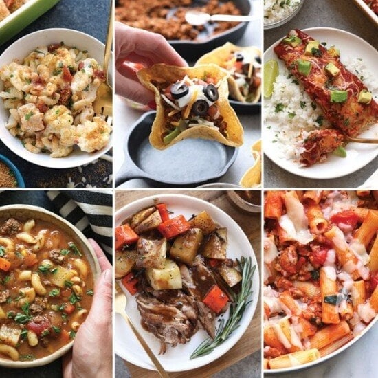 A collage of healthy and kid-friendly dinner recipes featuring different foods in bowls.