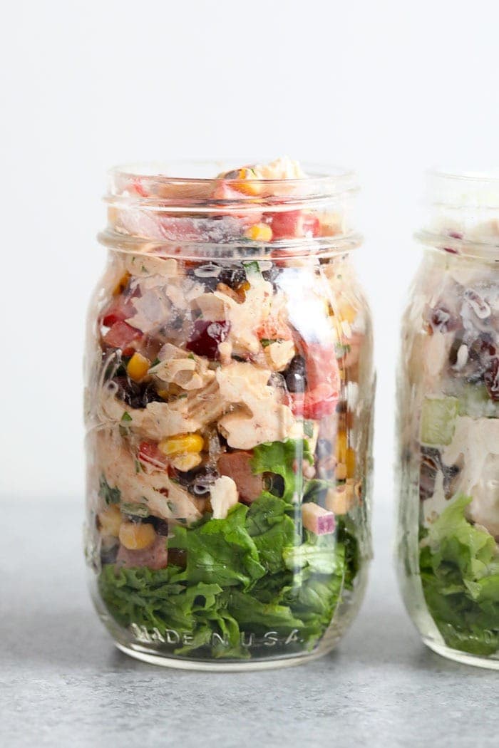 southwest salad in mason jar with lettuce