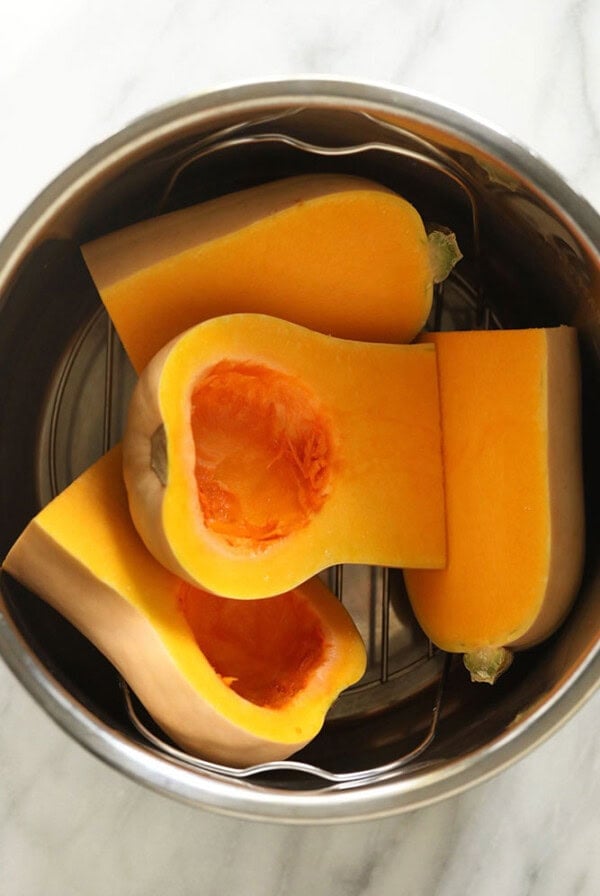 Instant Pot Butternut Squash in a stainless steel bowl.