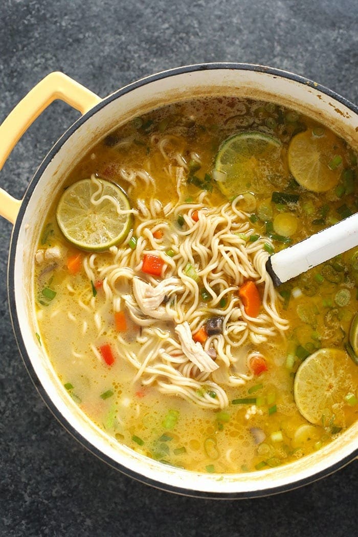 chicken noodle soup in a stock pot