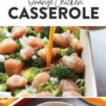Orange chicken casserole with broccoli and carrots.