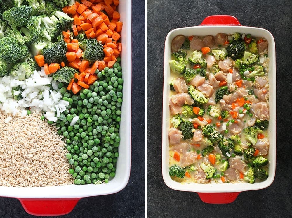 prepping chicken casserole in pan