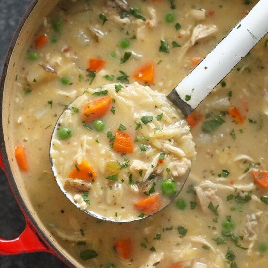 creamy chicken noodle soup in bowl