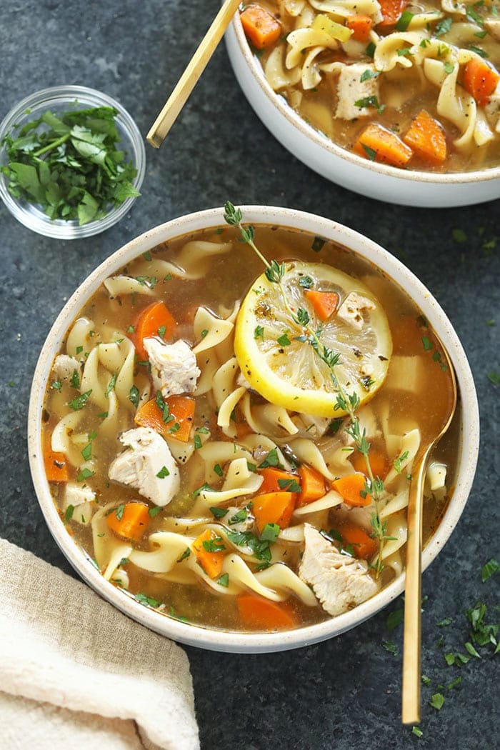 chicken noodle soup in bowls