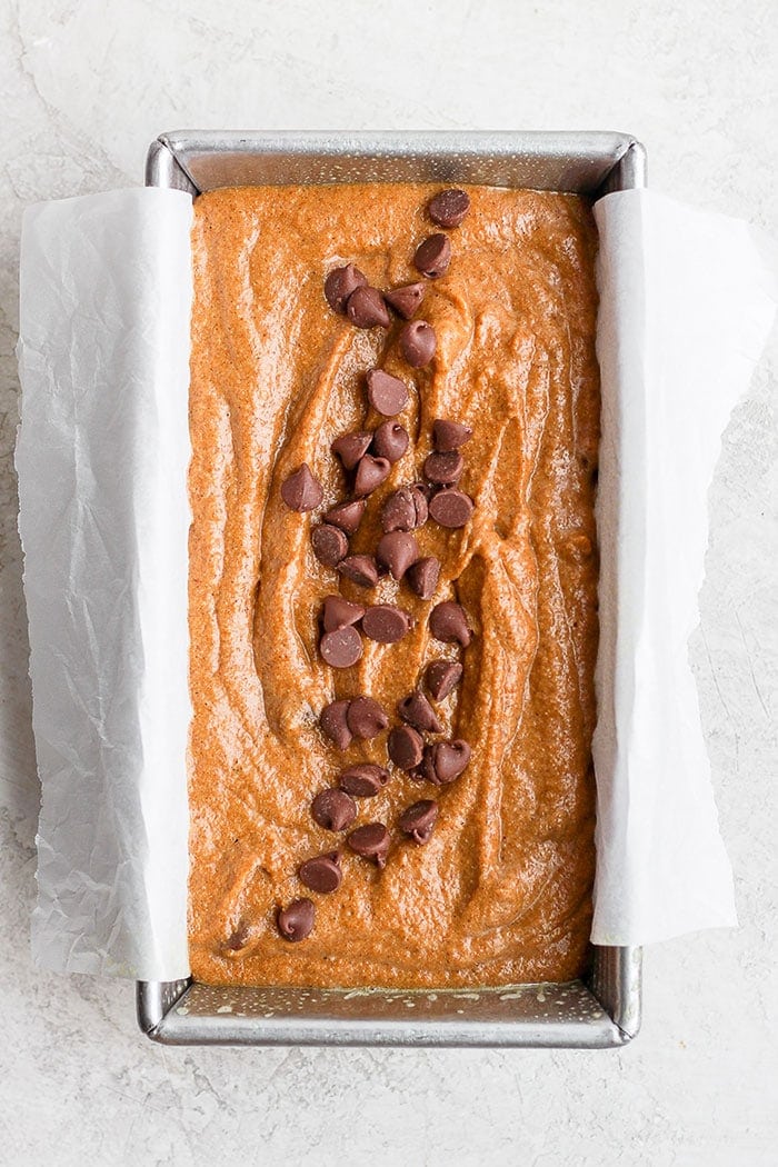 healthy pumpkin bread in a loaf pan ready to be baked.