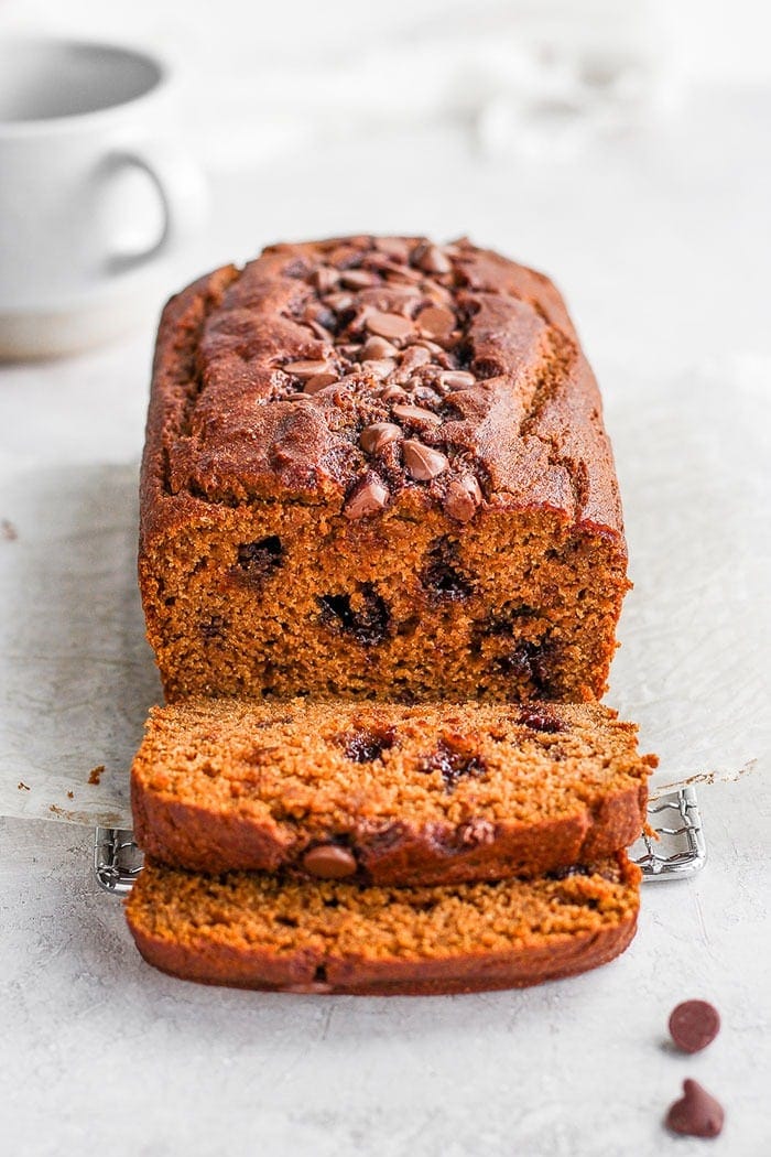 healthy pumpkin bread loaf sliced.