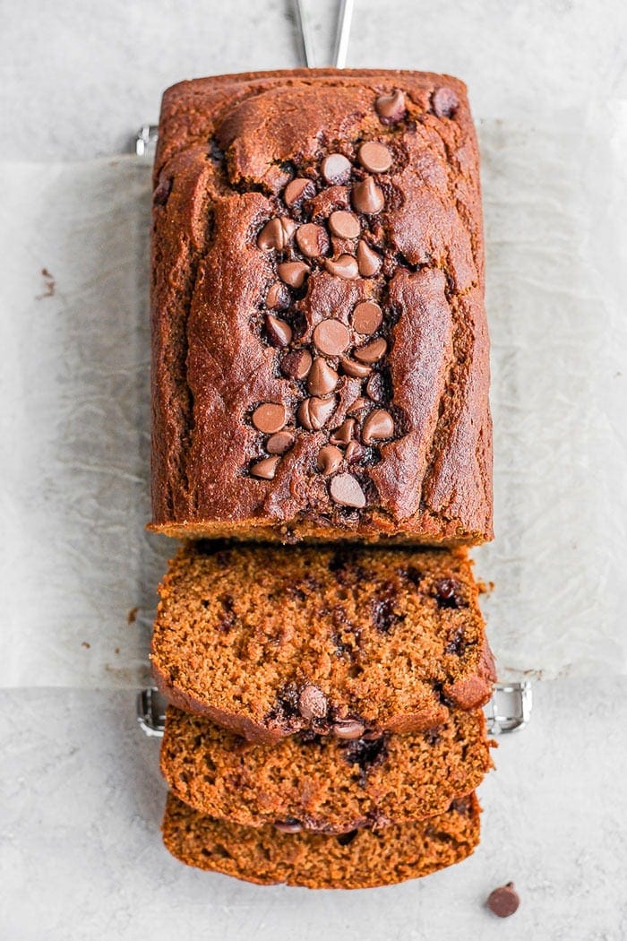 healthy pumpkin bread loaf sliced.