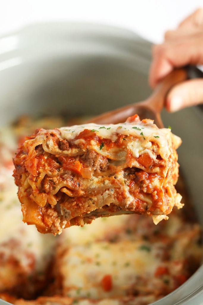 A piece of lasagna on a spatula.