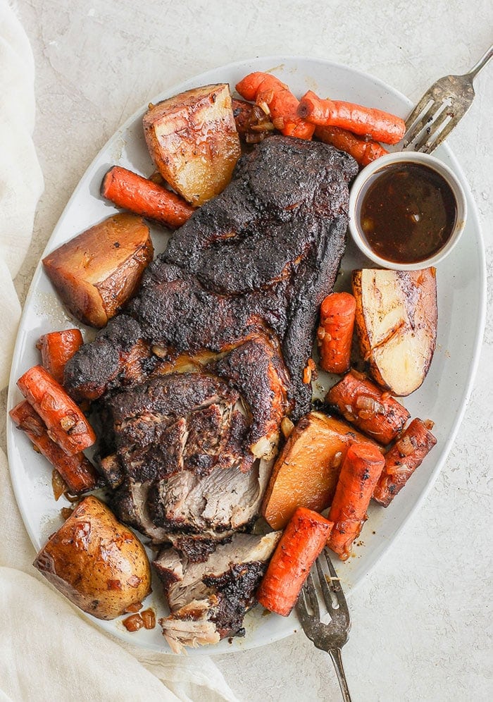 Pork roast on platter.