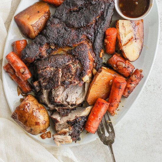 Pork roast on platter.