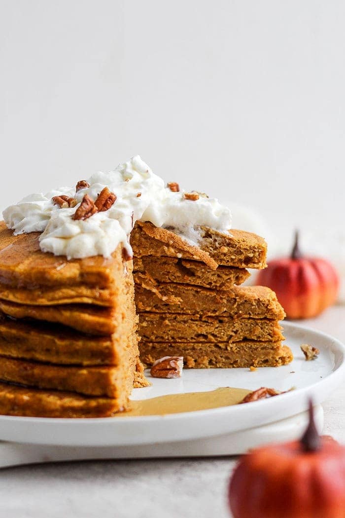 pumpkin pancakes on plate.