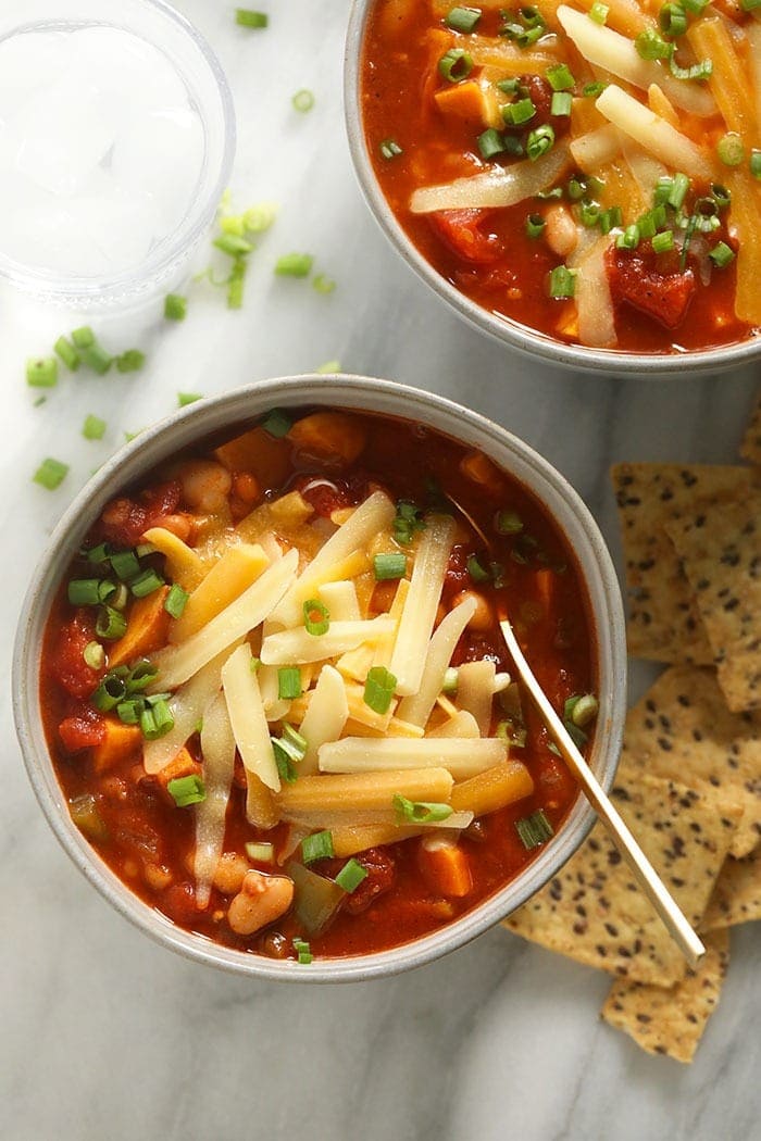 vegetarian chili in bowl with cheese