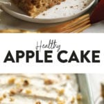 A healthy apple cake recipe with icing and nuts on a plate.