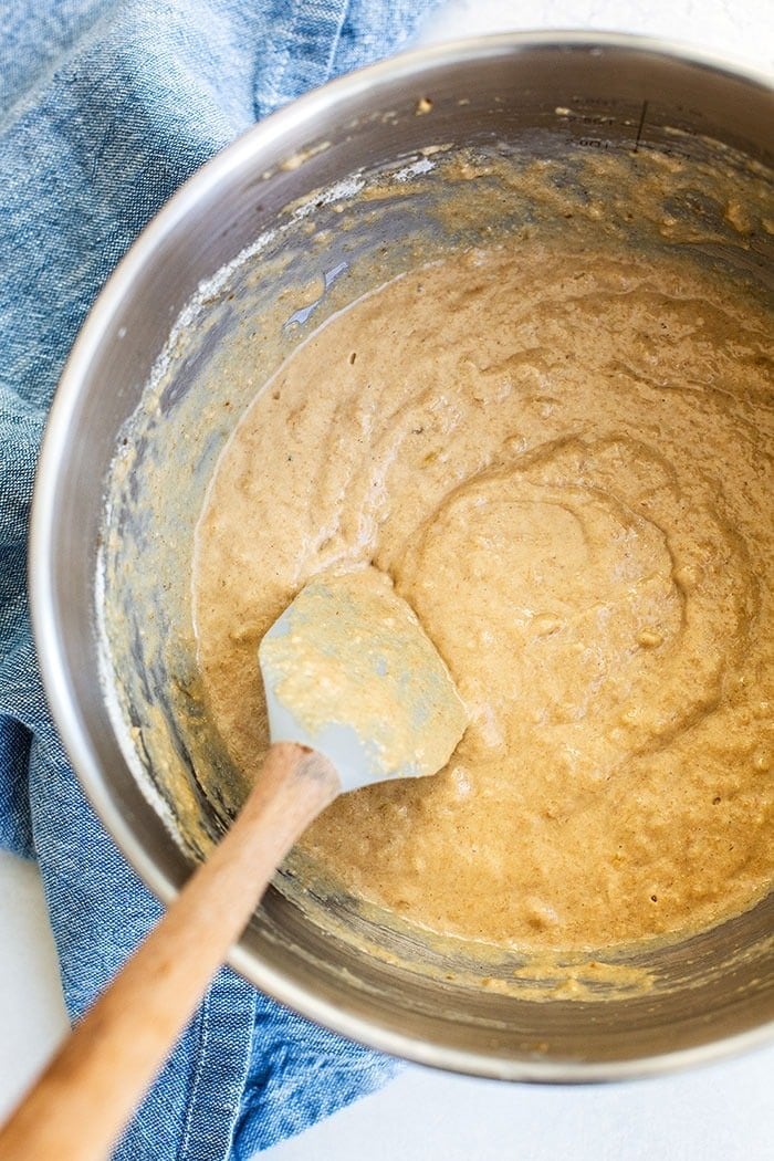 Peanut butter banana pancake batter in a bowl