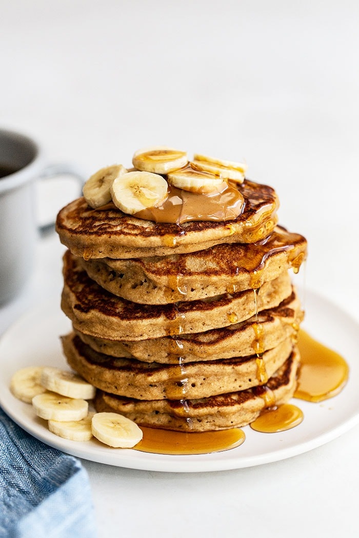 A stack of peanut butter banana pancakes