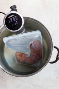 Sous vide pork tenderloin cooked with a digital thermometer.