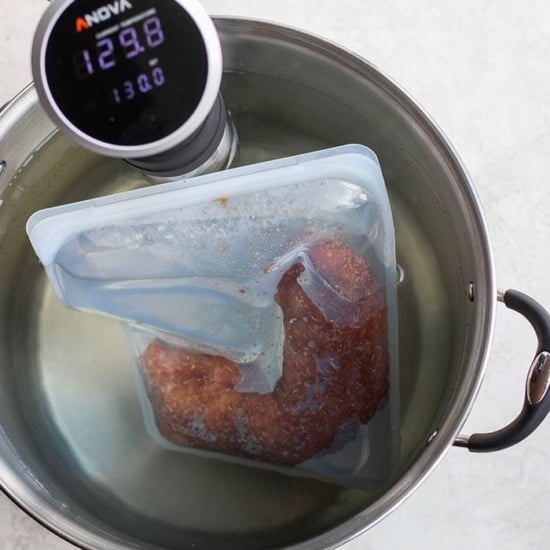 Sous vide pork tenderloin cooked with a digital thermometer.