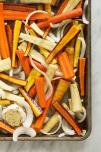 The description of the roasted carrots on a baking sheet.