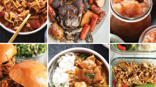 Healthy collage of pictures featuring slow cooker recipes with meat, rice, and vegetables.