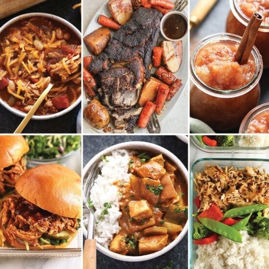 Healthy collage of pictures featuring slow cooker recipes with meat, rice, and vegetables.