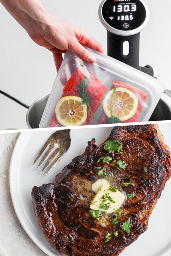 A person is utilizing sous vide cooking by holding a steak in front of an instant pot.