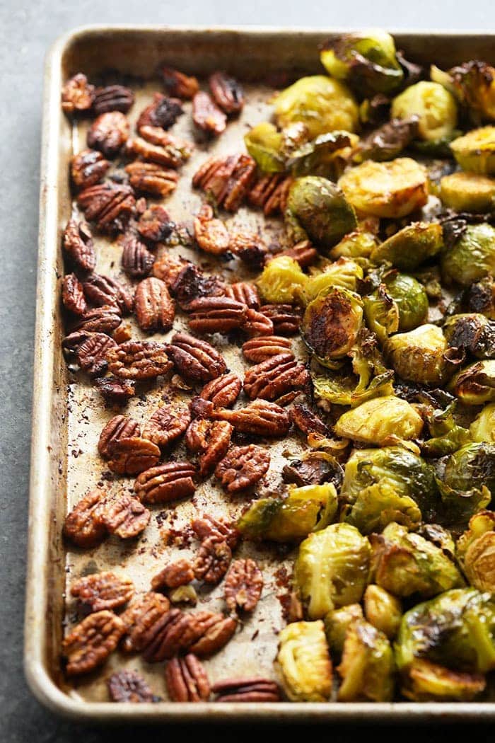 Brussel sprouts and pecans on a pan